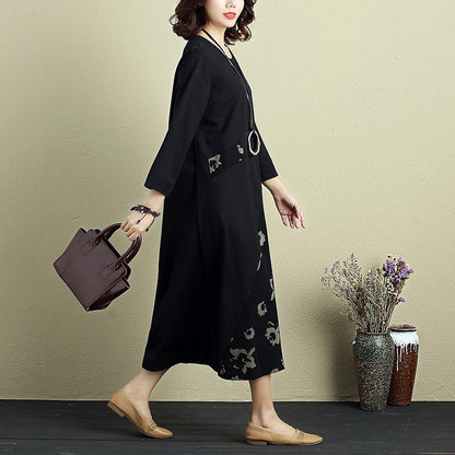 Fashion Women Round Neck Three Quarter Sleeve Splicing Printing Dress