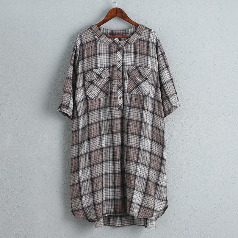Women Cotton Linen Dress Casual Plaid Dress