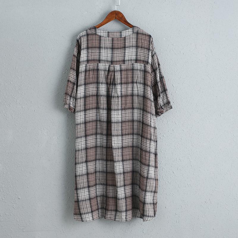 Women Cotton Linen Dress Casual Plaid Dress