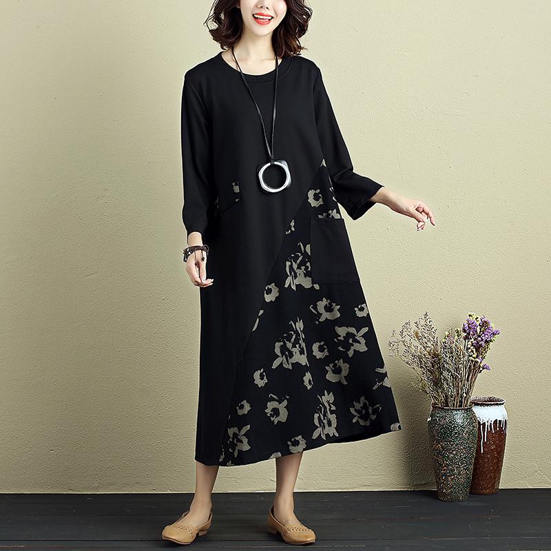 Fashion Women Round Neck Three Quarter Sleeve Splicing Printing Dress