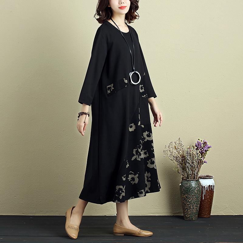 Fashion Women Round Neck Three Quarter Sleeve Splicing Printing Dress