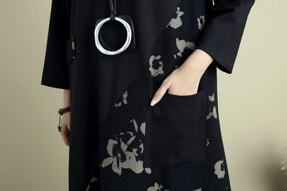 Fashion Women Round Neck Three Quarter Sleeve Splicing Printing Dress