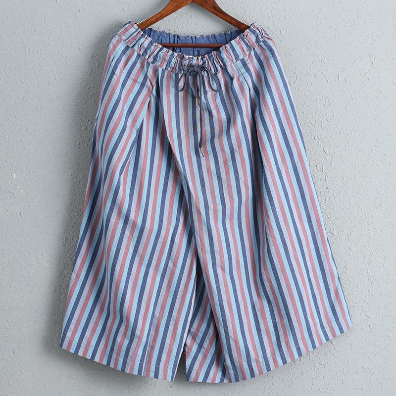 Linen Women Wide Leg Pants Casual Striped Pants