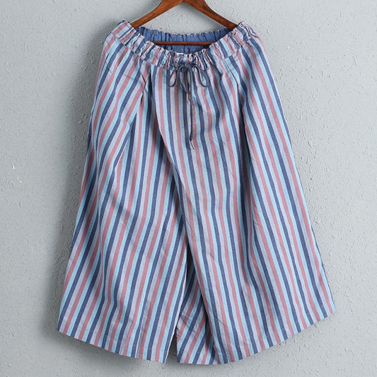 Linen Women Wide Leg Pants Casual Striped Pants