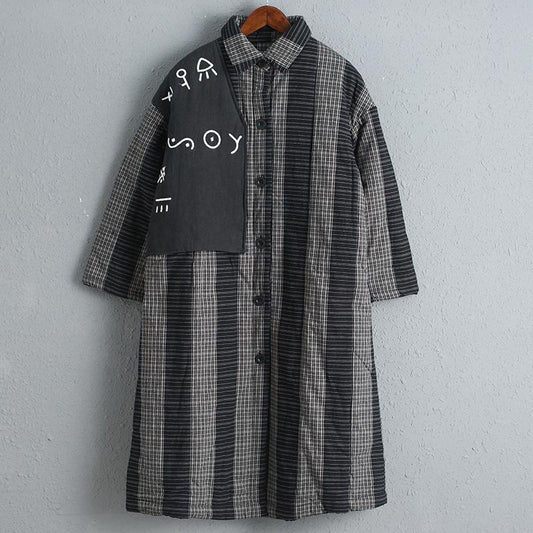 Winter Cotton Black Coat Warm Lattice Overcoat with Pockets