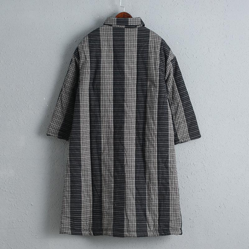 Winter Cotton Black Coat Warm Lattice Overcoat with Pockets