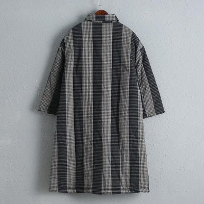 Winter Cotton Black Coat Warm Lattice Overcoat with Pockets