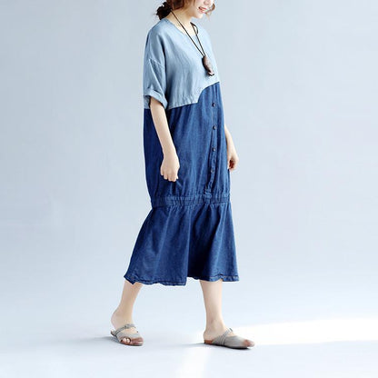 Splicing Cotton Loose Women Casual Gray Dress