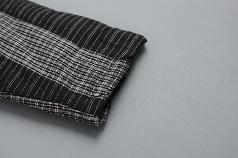 Winter Cotton Black Coat Warm Lattice Overcoat with Pockets