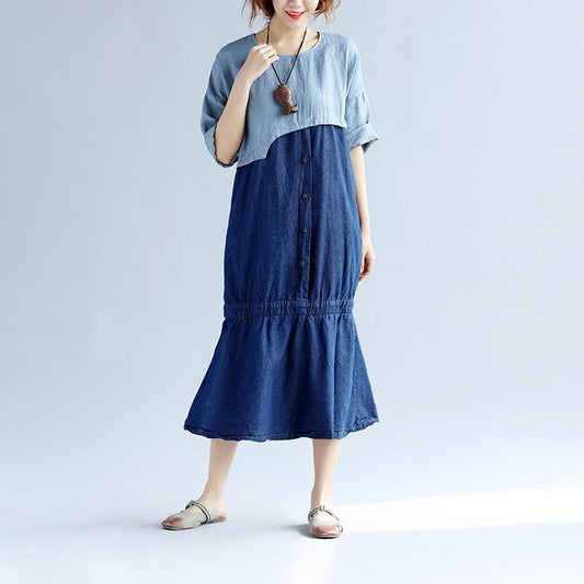 Splicing Cotton Loose Women Casual Gray Dress