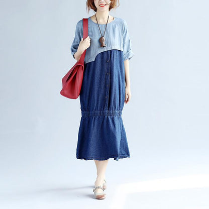 Splicing Cotton Loose Women Casual Gray Dress