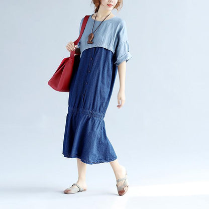 Splicing Cotton Loose Women Casual Gray Dress