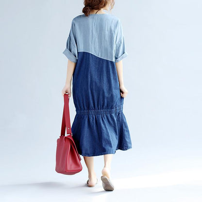 Splicing Cotton Loose Women Casual Gray Dress