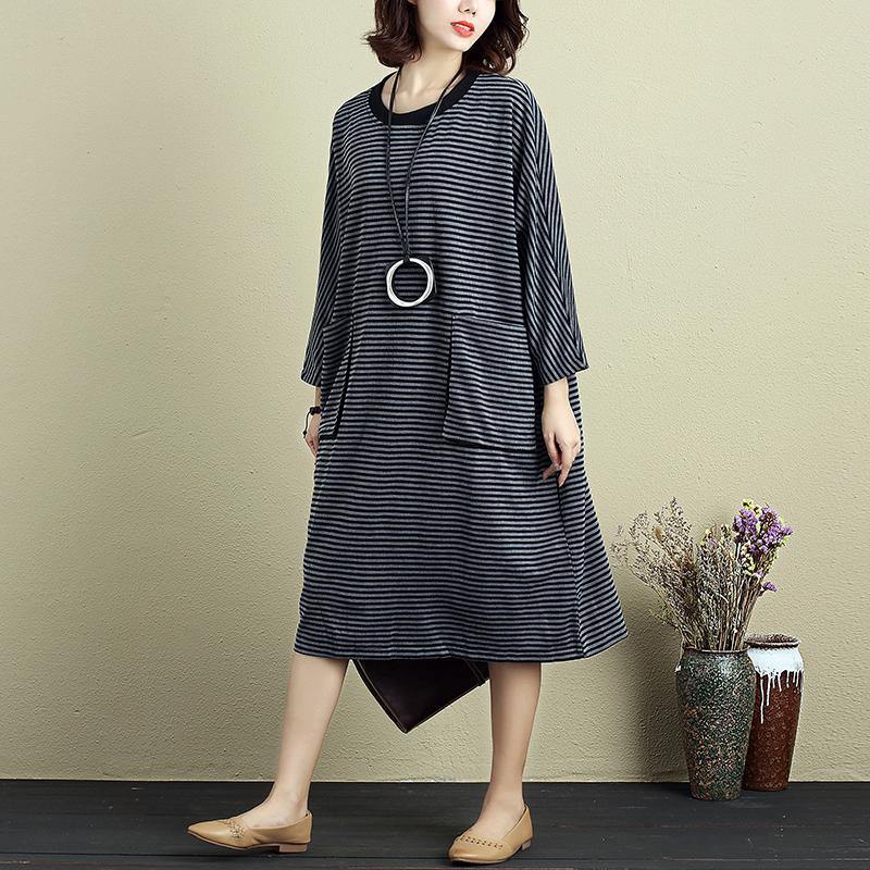 Women Round Neck Shoulder Sleeve Gray Black Stripe Dress