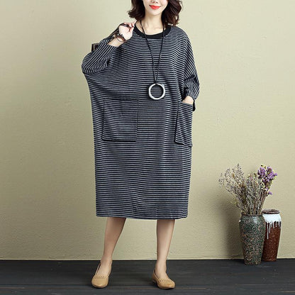 Women Round Neck Shoulder Sleeve Gray Black Stripe Dress