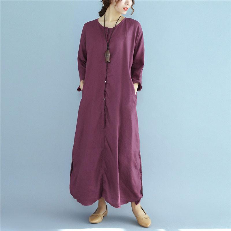 Loose Linen Long Sleeve Pocket Buttons  Women Wine Red Dress