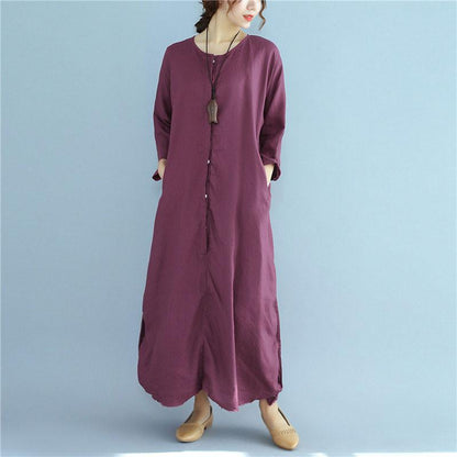 Loose Linen Long Sleeve Women Wine Red Dress