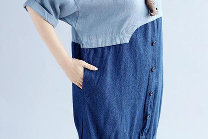 Splicing Cotton Loose Women Casual Gray Dress