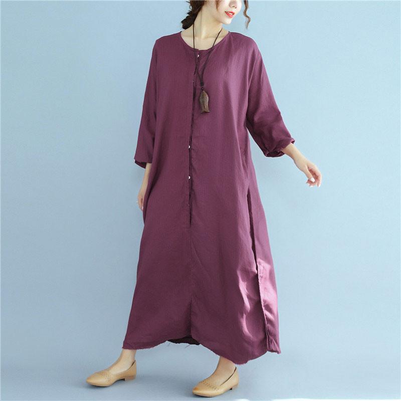 Loose Linen Long Sleeve Pocket Buttons  Women Wine Red Dress