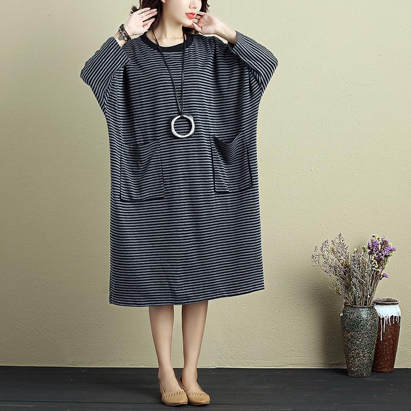 Women Round Neck Shoulder Sleeve Gray Black Stripe Dress