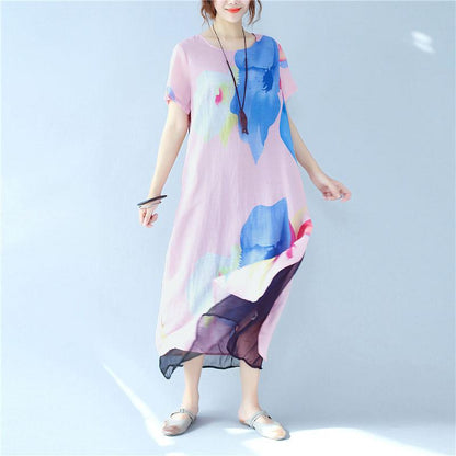 Splitting Women Summer Printing Loose Casual Linen Pink Dress