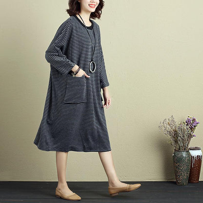 Women Round Neck Shoulder Sleeve Gray Black Stripe Dress