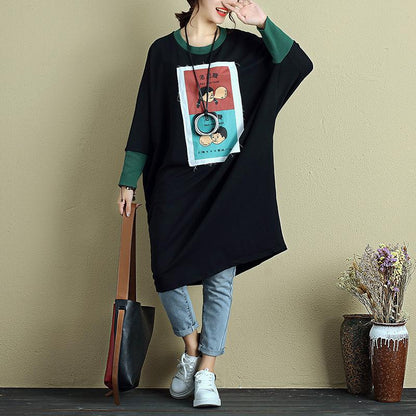 Women Long Sleeve Pockets Splicing Cartoon Applique Black Dress