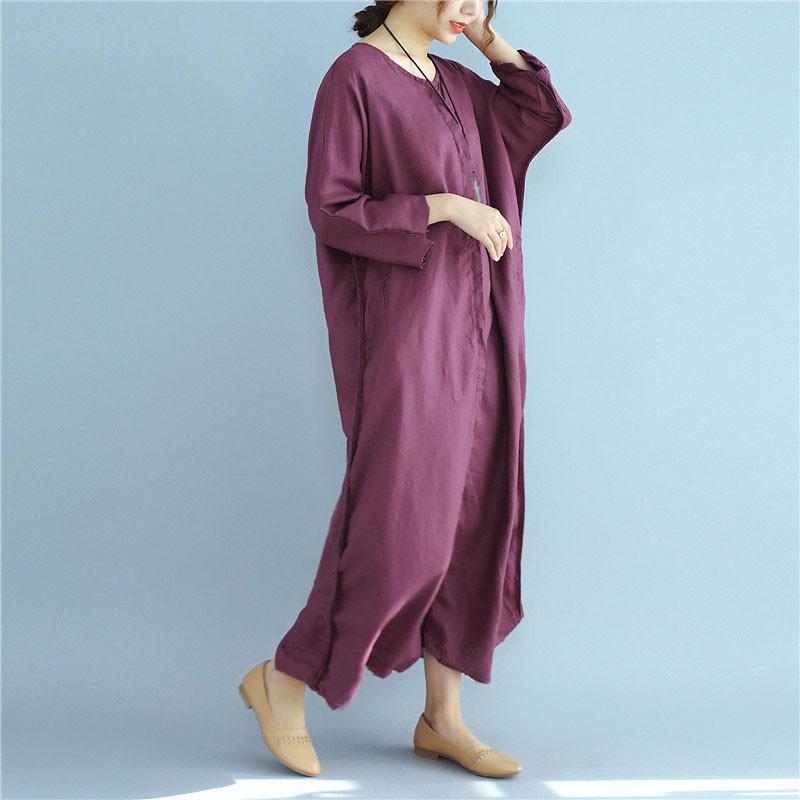 Loose Linen Long Sleeve Women Wine Red Dress