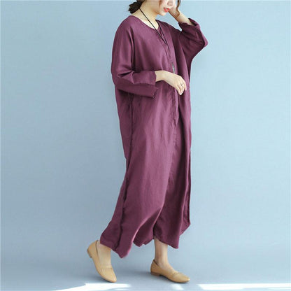 Loose Linen Long Sleeve Women Wine Red Dress
