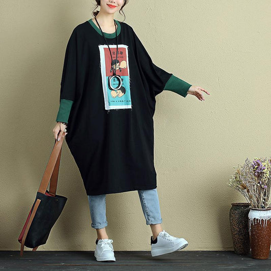 Women Long Sleeve Pockets Splicing Cartoon Applique Black Dress