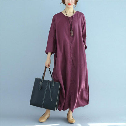 Loose Linen Long Sleeve Pocket Buttons  Women Wine Red Dress