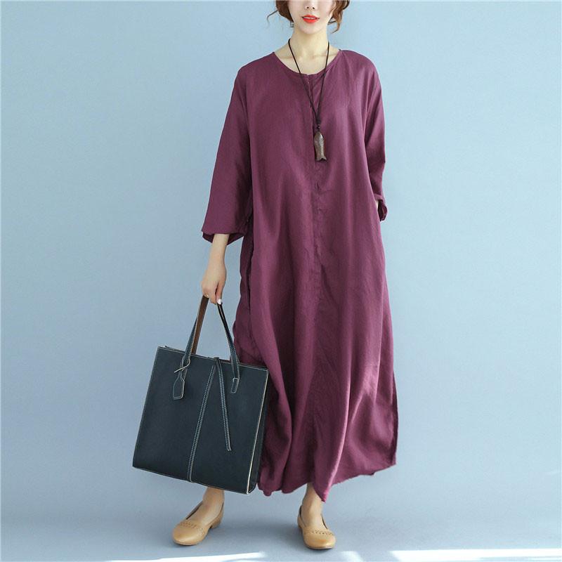 Loose Linen Long Sleeve Women Wine Red Dress