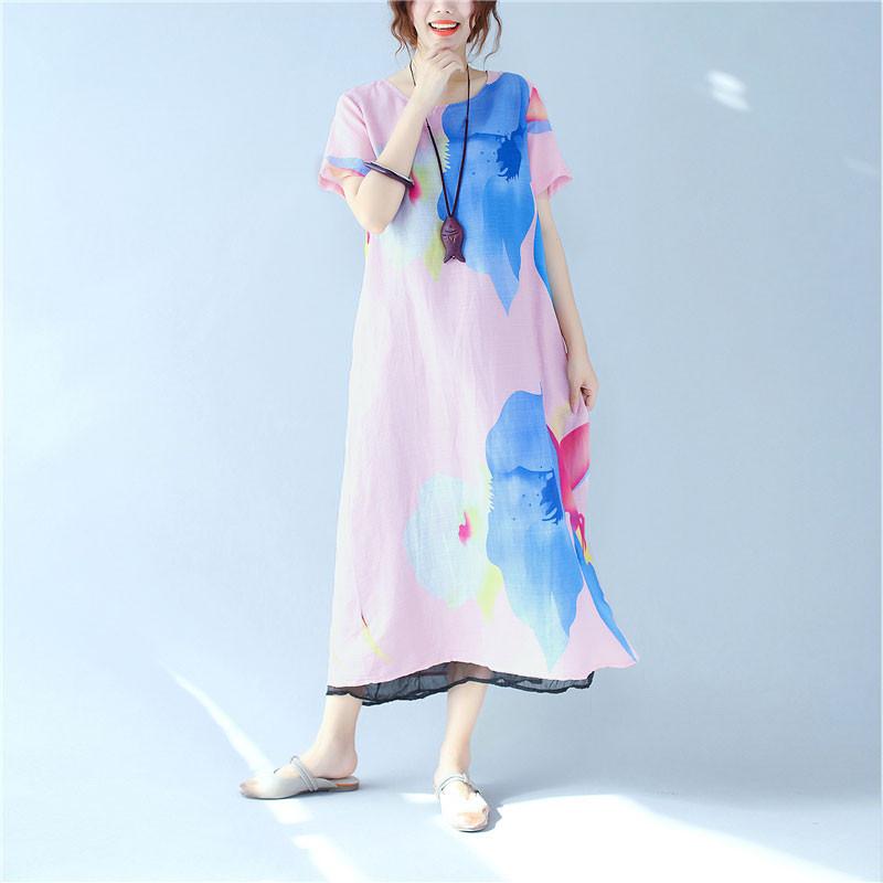 Splitting Women Summer Printing Loose Casual Linen Pink Dress