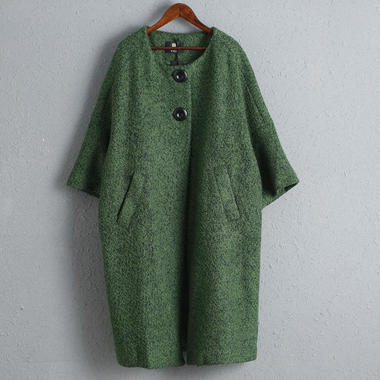 Women Casual Green Woolen Overcoat with Breasted