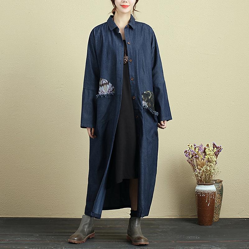 Splicing Double Pocket Loose Long Sleeve Autumn Denim Coat For Women