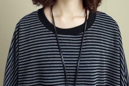 Women Round Neck Shoulder Sleeve Gray Black Stripe Dress