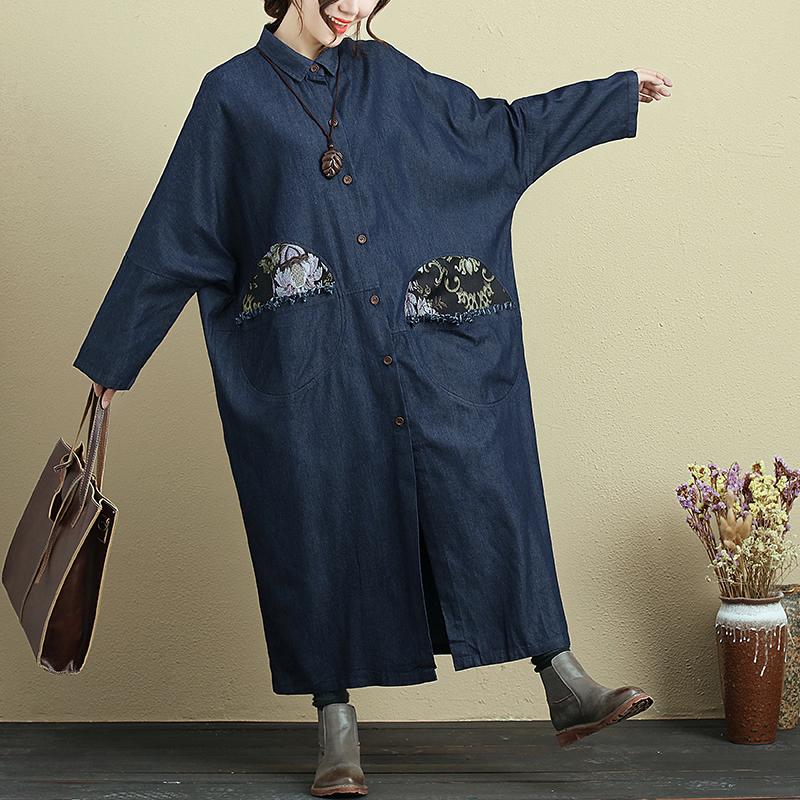 Splicing Double Pocket Loose Long Sleeve Autumn Denim Coat For Women