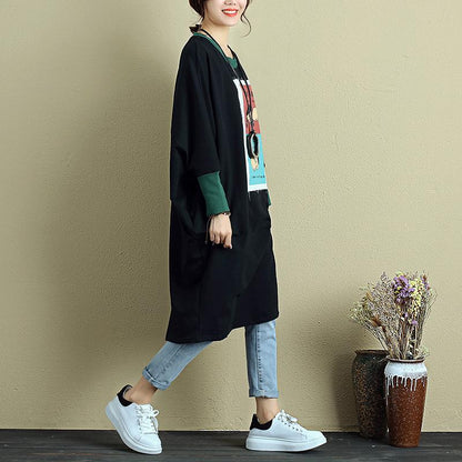 Women Long Sleeve Pockets Splicing Cartoon Applique Black Dress
