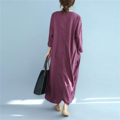 Loose Linen Long Sleeve Pocket Buttons  Women Wine Red Dress