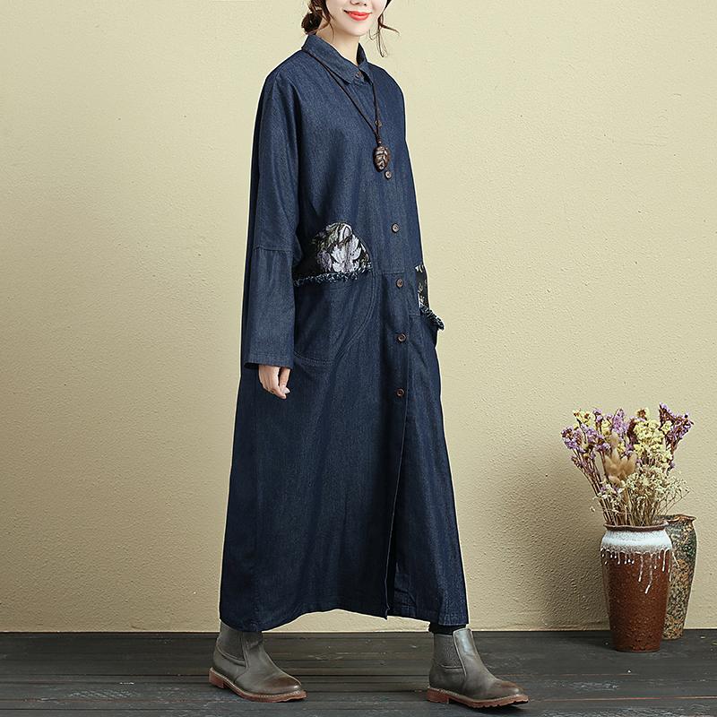 Splicing Double Pocket Loose Long Sleeve Autumn Denim Coat For Women