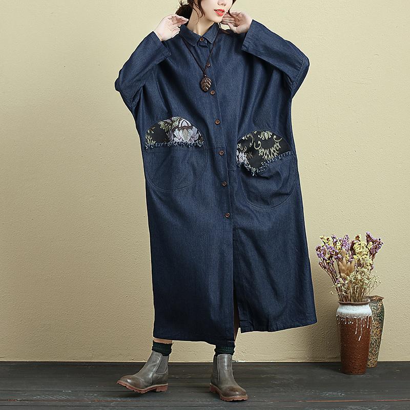 Splicing Double Pocket Loose Long Sleeve Autumn Denim Coat For Women