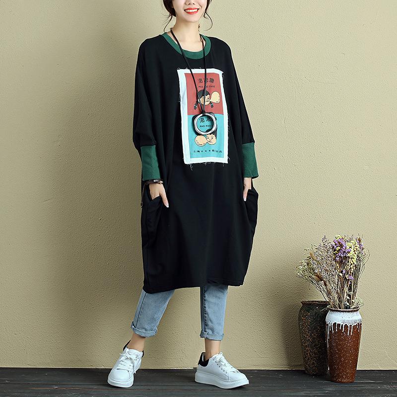 Women Long Sleeve Loose Cartoon Applique Black Dress