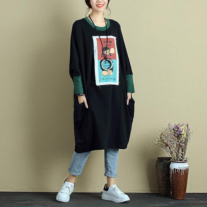 Women Long Sleeve Pockets Splicing Cartoon Applique Black Dress
