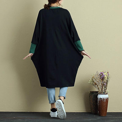 Women Long Sleeve Pockets Splicing Cartoon Applique Black Dress