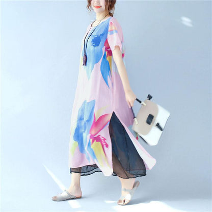 Splitting Women Summer Printing Loose Casual Linen Pink Dress
