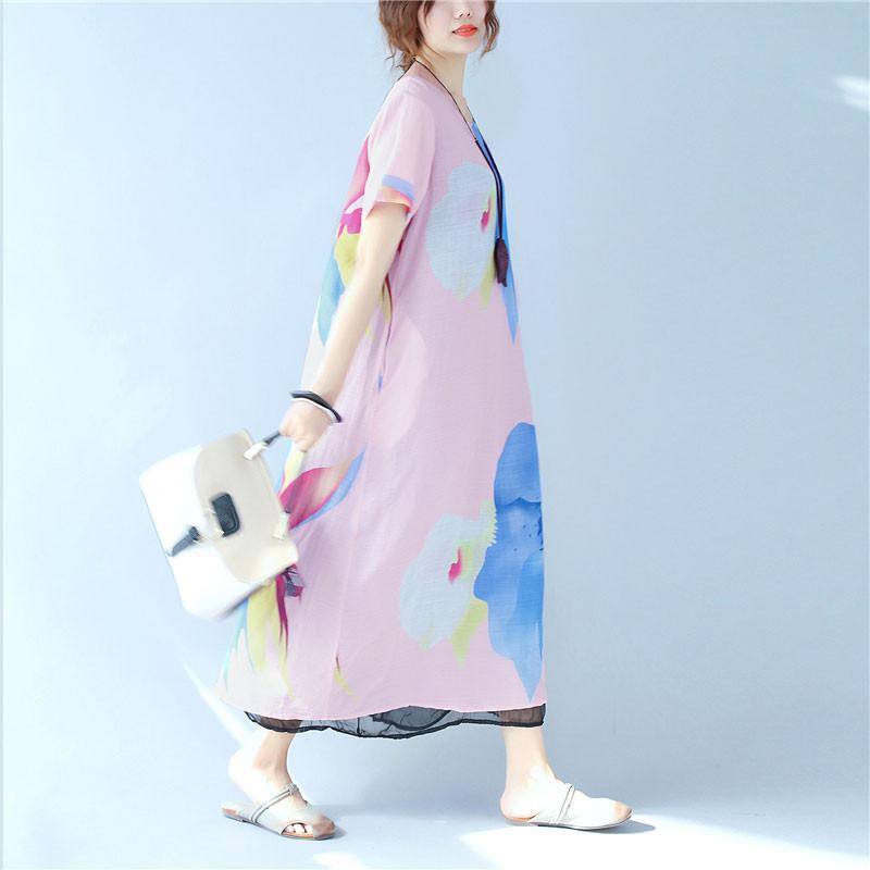 Splitting Women Summer Printing Loose Casual Linen Pink Dress