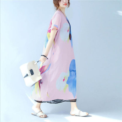 Splitting Women Summer Printing Loose Casual Linen Pink Dress