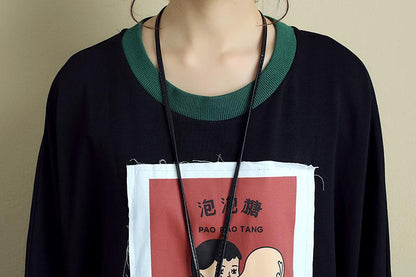Women Long Sleeve Pockets Splicing Cartoon Applique Black Dress