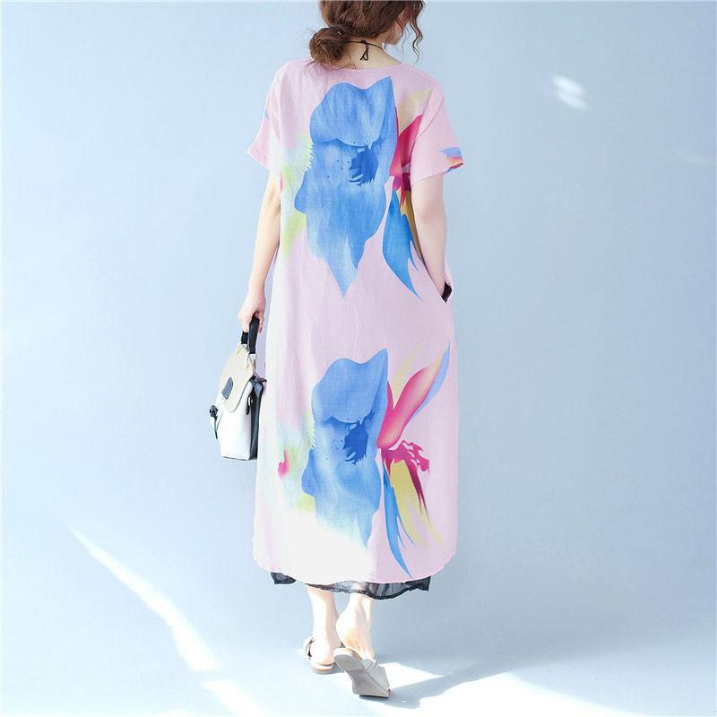 Splitting Women Summer Printing Loose Casual Linen Pink Dress