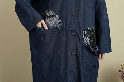 Splicing Double Pocket Loose Long Sleeve Autumn Denim Coat For Women
